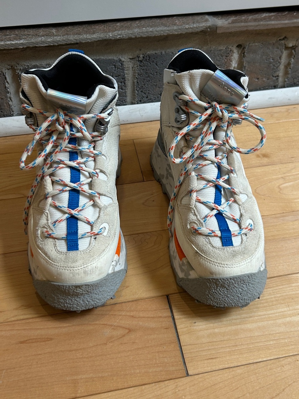 Acne Studios Cream High-Top Sneakers with Blue Stripe and Orange Detail